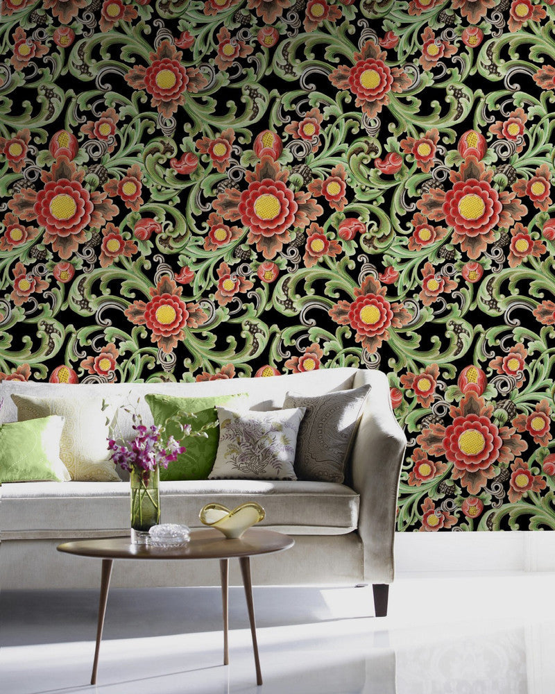 Mind The Gap Wallpaper FLORAL PAINTING (WP20251) | WP20251 | PREMIUM DESIGNER WALLPAPER COLLECTION | 3 rolls x 20.5 x 118.1 in | 0.52m / 20.5in | 3m / 118in | 4.65mp | 60cm / 23.6in | Black, Green, Red | Non-woven | Paste the wall | 3-rolls in a box | Fabric Carolina | https://www.fabriccarolina.com/