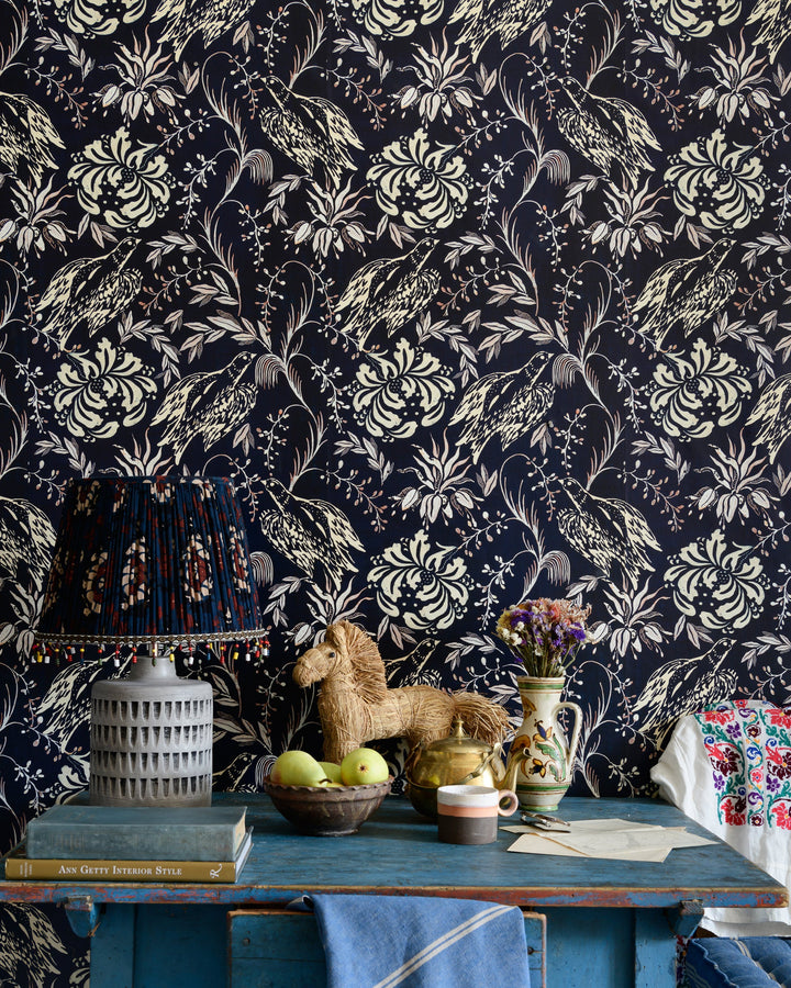 FOLK EMBROIDERY Fern Green Wallpaper (WP30015) by Mind The Gap | WP30015 | TRANSYLVANIAN ROOTS | 1 roll x 52x1000 cm / 20.5x393.7 in | 0.52m / 20.5in | 10m / 393.7in | 5.20sqm / 55.9sq ft | 70cm / 27.6in | Off White, Fern Green | Non-woven Satin | Paste the wall | 1-roll in a box | Fabric Carolina | https://www.fabriccarolina.com/