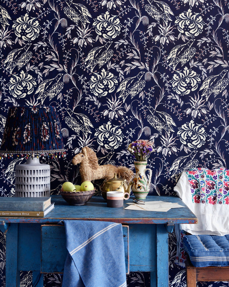 Mind The Gap Wallpaper FOLK EMBROIDERY Indigo Wallpaper (WP30016) | WP30016 | TRANSYLVANIAN ROOTS | 1 roll x 20.5 x 393.7 in | 0.52m / 20.5in | 10m / 393.7in | 5.20mp | 70cm / 27.6in | Indigo, Off White | Satin Matte | Paste the wall | 1-roll in a box | Fabric Carolina | https://www.fabriccarolina.com/