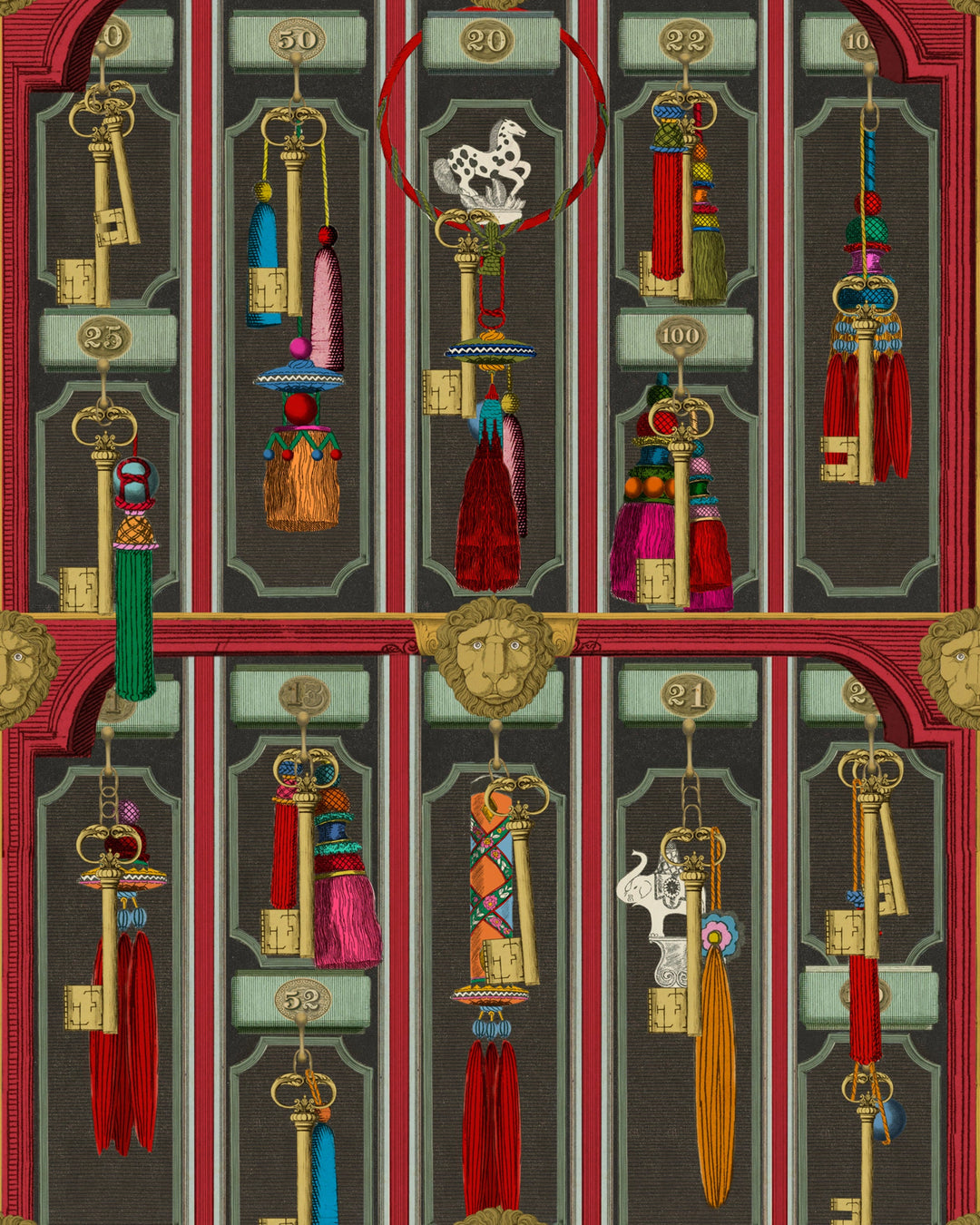 GRAND SUITE KEYS Anthracite Wallpaper (WP20774) by Mind The Gap | WP20774 | ORIENT EXPRESS | 1 roll x 52x900 cm / 20.47x354.33in | 0.52m / 20.5in | 9m / 354in | 4.68sqm / 50sq ft | 70cm / 27.5in | Green, Yellow, Orange, Red, Mint, Golden | Non-woven Textured | Paste the wall | 1-roll in a box | Fabric Carolina | https://www.fabriccarolina.com/