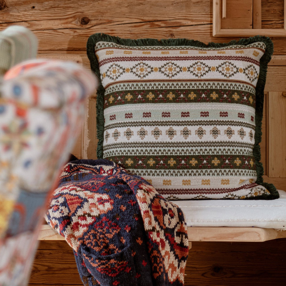Gaisstein Cushion by Mind the Gap Designer Pillow TYROL APRES-SKI HOME COLLECTION 40% Cotton, 27% Polyacrylic, 20% Wool, 13% other fibres Made in Romania Fringes all around 20 x 20 in - Swanky Fabrics -