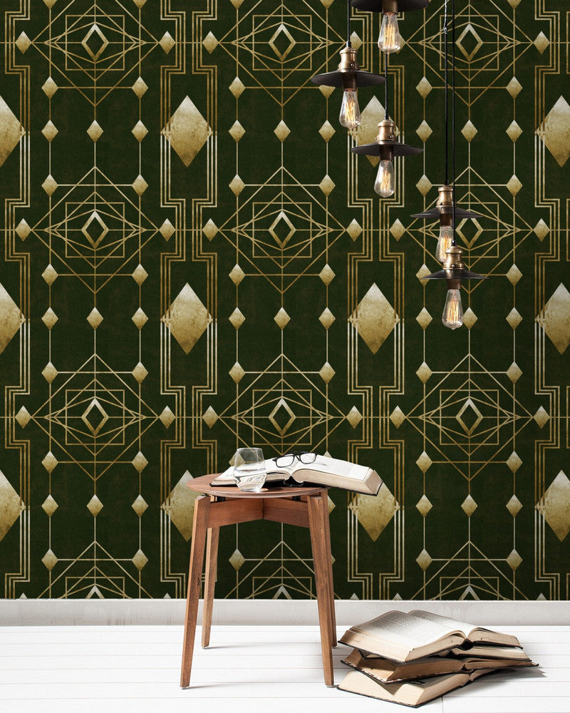 Mind The Gap Wallpaper GATSBY (WP20225) | WP20225 | PREMIUM DESIGNER WALLPAPER COLLECTION | 3 rolls x 20.5 x 118.1 in | 0.52m / 20.5in | 3m / 118in | 4.65mp | 52cm / 20.5in | Green, Gold | Non-woven | Paste the wall | 3-rolls in a box | Fabric Carolina | https://www.fabriccarolina.com/