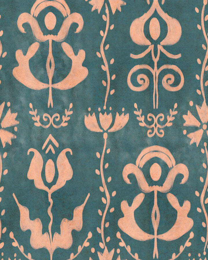 GRANDMA'S STENCIL Milky Blue Wallpaper (WP30276) by Mind The Gap | WP30276 | TRANSYLVANIAN RHAPSODY | 1 roll x 52 x 1000 cm / 20.5 x 393.7in | 0.52m / 20.5in | 10m / 393.7in | 5.20sqm / 55.9sq ft | L70xm / L27.5in | Taupe, Blue | Non-woven Satin | Paste the wall | 1 roll in a box | Fabric Carolina | https://www.fabriccarolina.com/