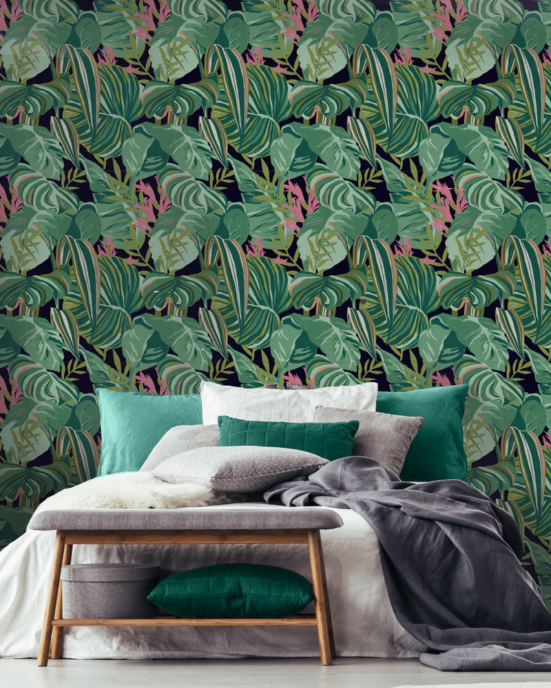 Mind The Gap Wallpaper TROPICAL FOLIAGE Anthracite Wallpaper (WP20366) | WP20366 | THE WALLPAPER COLLECTABLES | 3 rolls x 20.5 x 118.1 in | 0.52m / 20.5in | 3m / 118in | 4.65mp | 67cm / 26.3in | Black, Green, Pink | Satin Matte | Paste the wall | 3-rolls in a box | Fabric Carolina | https://www.fabriccarolina.com/