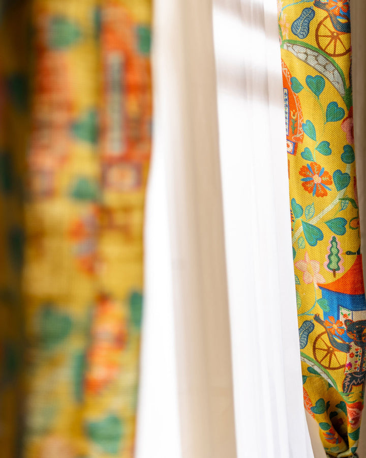 GYPSY FAIRYTALE Lemon Linen (FB00181) by Mind The Gap | FB00181 | TRANSYLVANIAN RHAPSODY | Blue, Green, Yellow, Red, Soft Pink | Meter | 140(±5%)x100 | (W)34 x (L)47.5cm / (W)13.3 x (L)18.7 in | Stonewashed | 100% Linen | Fabric Carolina | https://www.fabriccarolina.com/