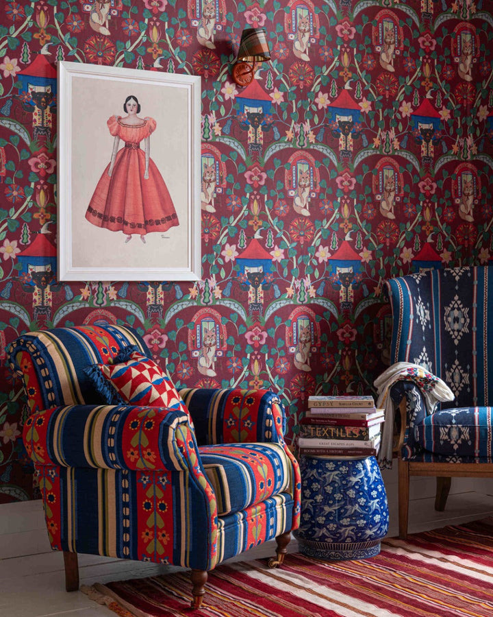 GYPSY FAIRYTALE Ruby Wallpaper (WP20918) by Mind The Gap | WP20918 | TRANSYLVANIAN RHAPSODY | 1 roll x 52 x 900 cm / 20.47 x 354.33 in | 0.52m / 20.5in | 9m / 354in | 4.68sqm / 50sq ft | L75cm / L29.5in | Blue, Green, Red, Soft Pink | Non-woven Textured | Paste the wall | 1 roll in a box | Fabric Carolina | https://www.fabriccarolina.com/