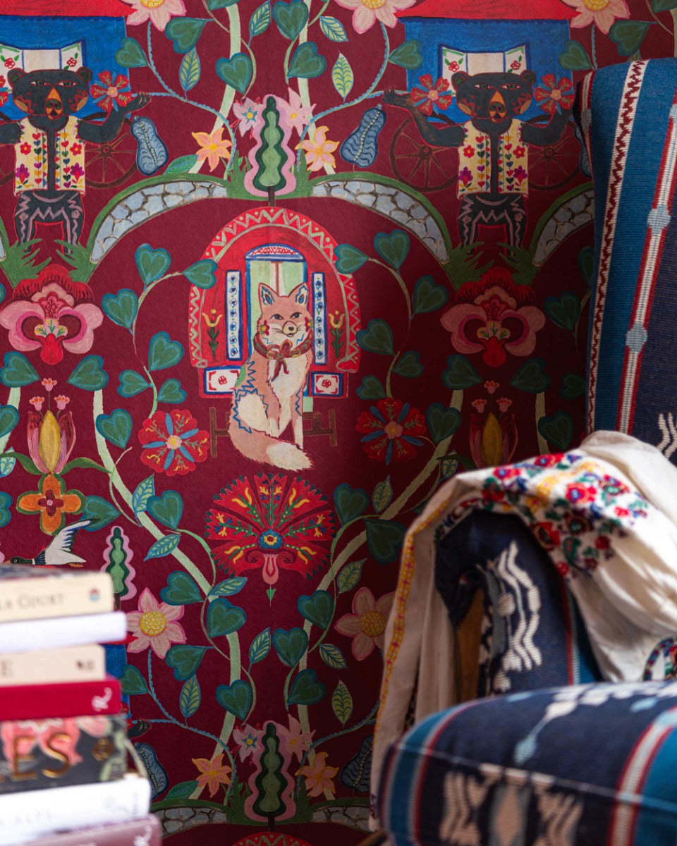 GYPSY FAIRYTALE Ruby Wallpaper (WP20918) by Mind The Gap | WP20918 | TRANSYLVANIAN RHAPSODY | 1 roll x 52 x 900 cm / 20.47 x 354.33 in | 0.52m / 20.5in | 9m / 354in | 4.68sqm / 50sq ft | L75cm / L29.5in | Blue, Green, Red, Soft Pink | Non-woven Textured | Paste the wall | 1 roll in a box | Fabric Carolina | https://www.fabriccarolina.com/