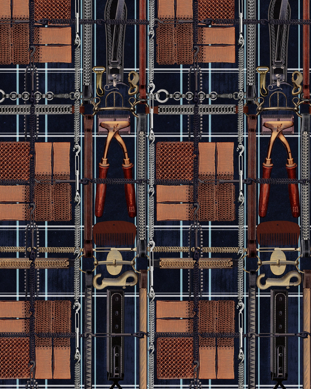 HARNESSMAKER'S ATELIER Dark Wallpaper (WP20641) by Mind The Gap | WP20641 | THE DERBY | 3 rolls x 52x300 cm / 20.5x118.1 in | 0.52m / 20.5in | 3m / 118in | 4.65sqm / 50sq ft | 150cm / 59in | Grey, Brown, Indigo | Non-woven Satin | Paste the wall | 3-rolls in a box | Fabric Carolina | https://www.fabriccarolina.com/