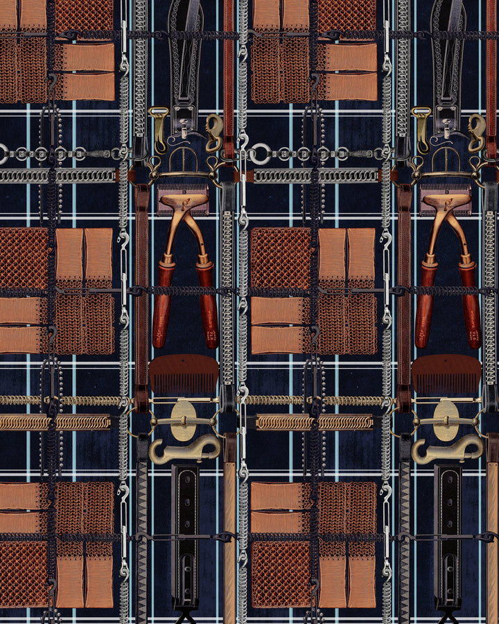 HARNESSMAKER'S ATELIER Dark Wallpaper (WP20641) by Mind The Gap | WP20641 | THE DERBY | 3 rolls x 52x300 cm / 20.5x118.1 in | 0.52m / 20.5in | 3m / 118in | 4.65sqm / 50sq ft | 150cm / 59in | Grey, Brown, Indigo | Non-woven Satin | Paste the wall | 3-rolls in a box | Fabric Carolina | https://www.fabriccarolina.com/