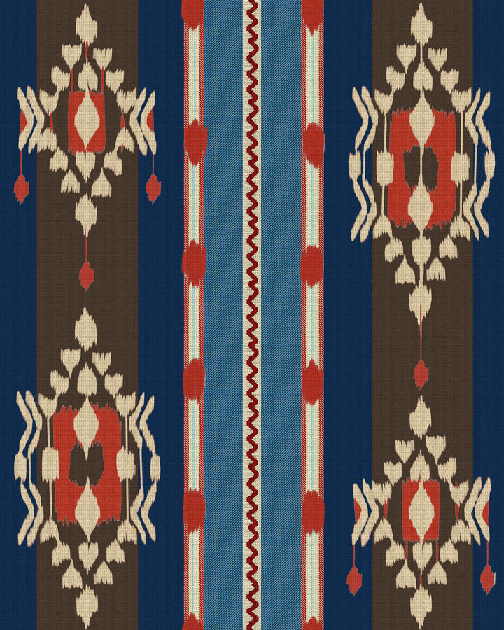 KING'S IKAT Wallpaper (WP20905) by Mind The Gap | WP20905 | TRANSYLVANIAN RHAPSODY | 1 roll x 52 x 900 cm / 20.47 x 354.33 in | 0.52m / 20.5in | 9m / 354in | 4.68sqm / 50sq ft | 50cm / 19.6in | Blue, Red, Brown | Non-woven Textured | Paste the wall | 1 roll in a box | Fabric Carolina | https://www.fabriccarolina.com/