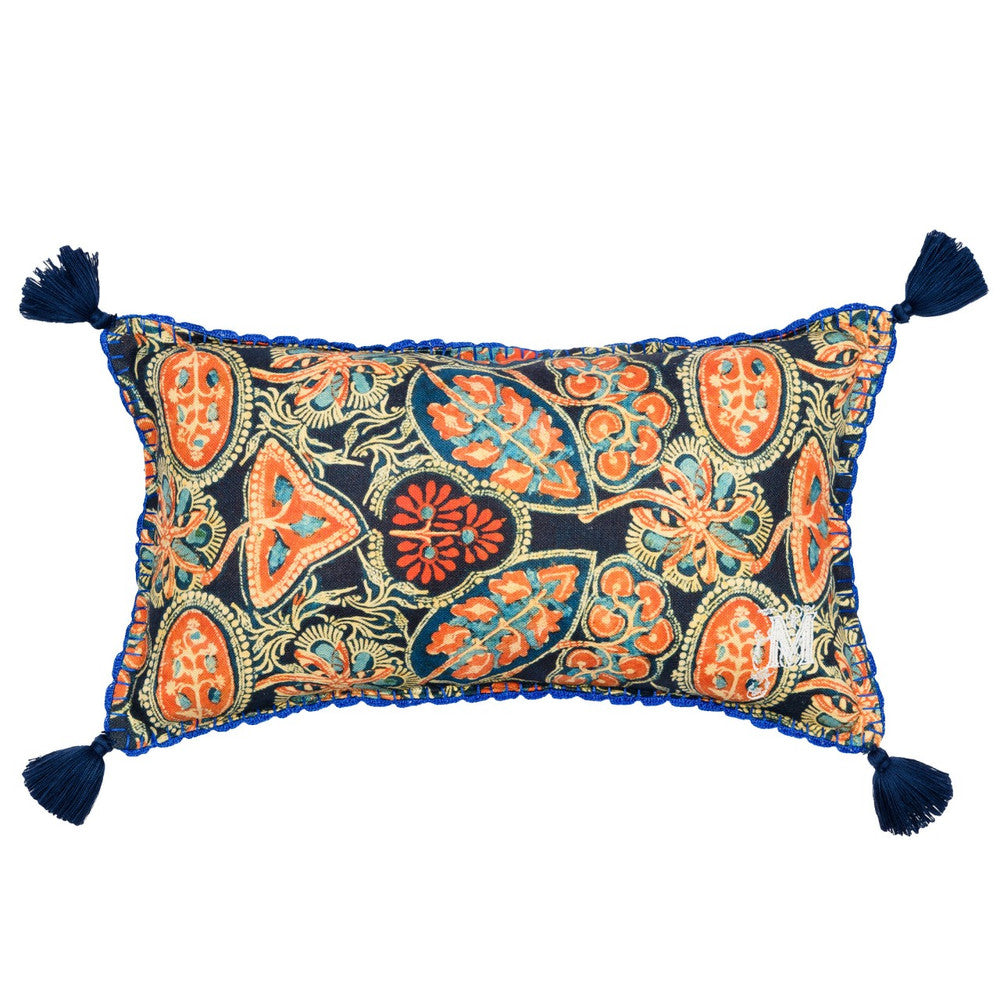 Heirloom Linen Cushion by Mind the Gap Designer Pillow TRANSYLVANIAN ROOTS 100% Linen Made in Romania Blue tassels 20 x 12 in - Swanky Fabrics -