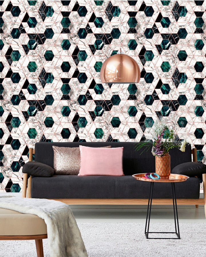 Mind The Gap Wallpaper HEXA Jade Metallic edition Wallpaper (WP20293) | WP20293 | THE WALLPAPER COLLECTABLES | 1 roll x 20.5x393.7 in | 0.52m / 20.5in | 10m / 393.7in | 5.20mp | 52cm / 20.5in | Black, Copper, Green, White | Satin Matte | Paste the wall | 1-roll in a box | Fabric Carolina | https://www.fabriccarolina.com/