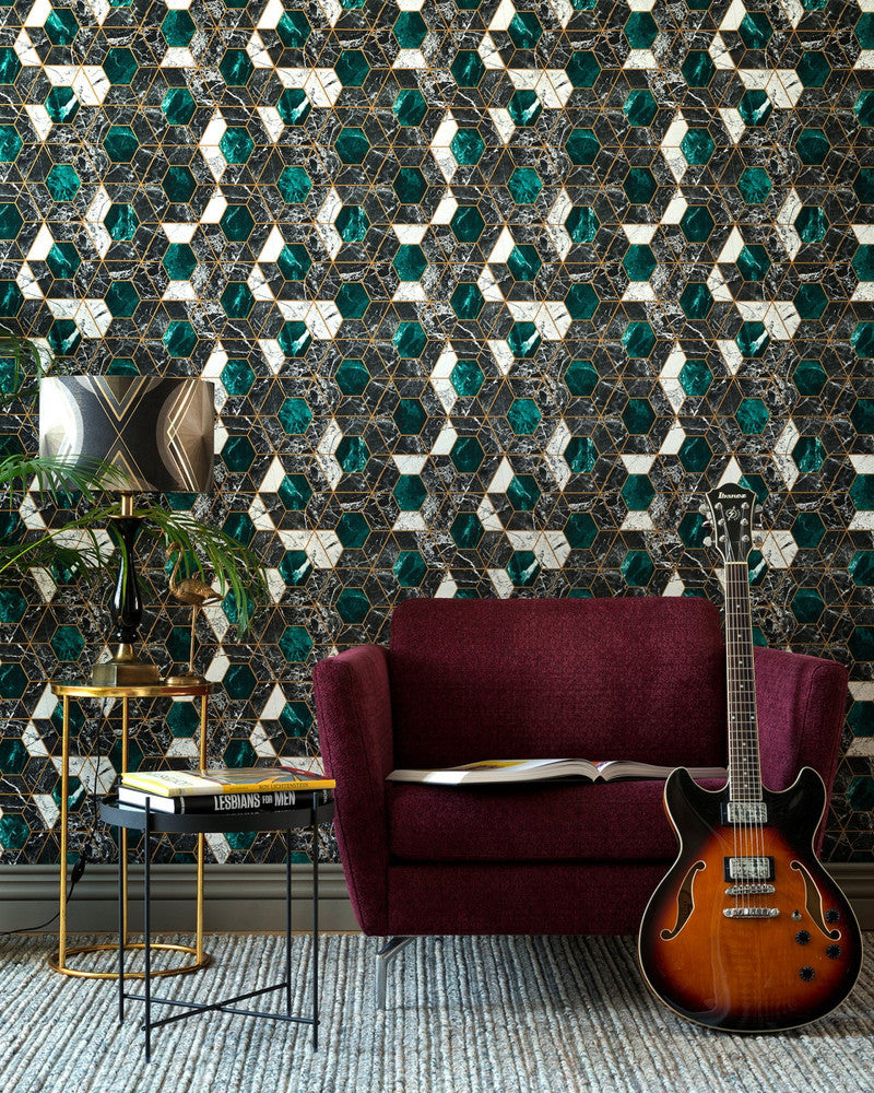 Mind The Gap Wallpaper HEXA Onyx Metallic edition Wallpaper (WP20294) | WP20294 | THE WALLPAPER COLLECTABLES | 1 roll x 20.5x393.7 in | 0.52m / 20.5in | 10m / 393.7in | 5.20mp | 52cm / 20.5in | Black, Green, White, Gold | Satin Matte | Paste the wall | 1-roll in a box | Fabric Carolina | https://www.fabriccarolina.com/