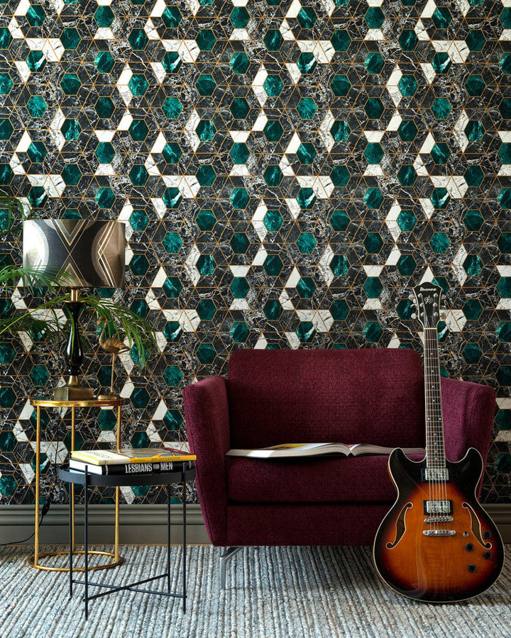 Mind The Gap Wallpaper HEXA Onyx Metallic edition Wallpaper (WP20294) | WP20294 | THE WALLPAPER COLLECTABLES | 1 roll x 20.5x393.7 in | 0.52m / 20.5in | 10m / 393.7in | 5.20mp | 52cm / 20.5in | Black, Green, White, Gold | Satin Matte | Paste the wall | 1-roll in a box | Fabric Carolina | https://www.fabriccarolina.com/