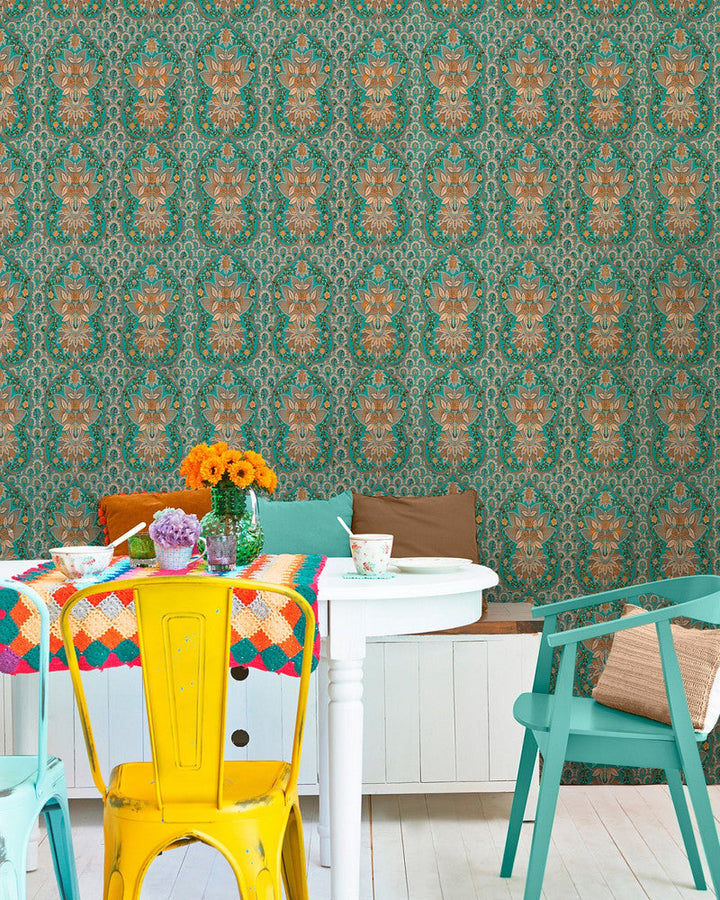 Mind The Gap Wallpaper FLORAL TAPESTRY Wallpaper (WP20405) | WP20405 | THE WALLPAPER COLLECTABLES | 3 rolls x 20.5 x 118.1 in | 0.52m / 20.5in | 3m / 118in | 4.65mp | 52cm / 20.5in | Orange, Taupe, Turquoise | Textured Matte | Paste the wall | 3-rolls in a box | Fabric Carolina | https://www.fabriccarolina.com/