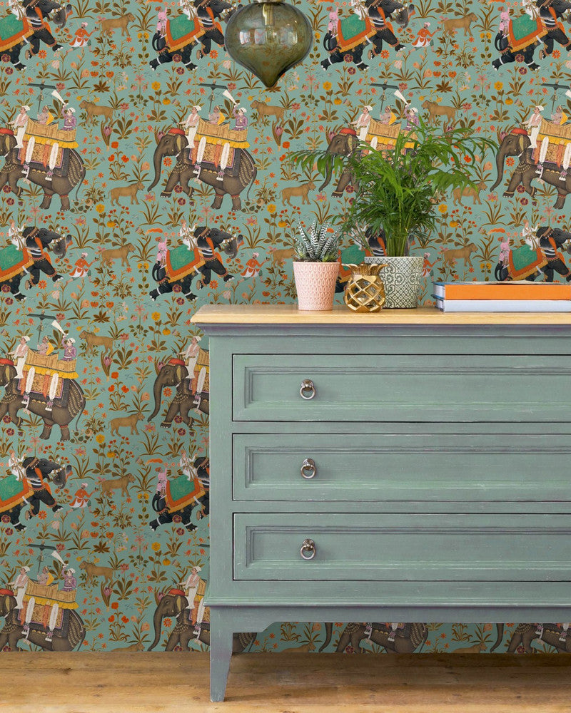 Mind The Gap Wallpaper HINDUSTAN Aquamarine Wallpaper (WP20257) | WP20257 | PREMIUM DESIGNER WALLPAPER COLLECTION | 3 rolls x 20.5 x 118.1 in | 0.52m / 20.5in | 3m / 118in | 4.65mp | 70cm / 27.6in | Blue, Brown, Green, Red | Non-woven | Paste the wall | 3-rolls in a box | Fabric Carolina | https://www.fabriccarolina.com/