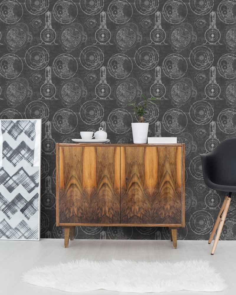 Horlogerie Anthracite Premium Wallpaper by Mind the Gap Designer Wallpaper WALLPAPER DESIGNER COLLECTION Non-woven Made in Europe Paste the wall 3 rolls x 20.5 x 3.25 yards - Swanky Fabrics -