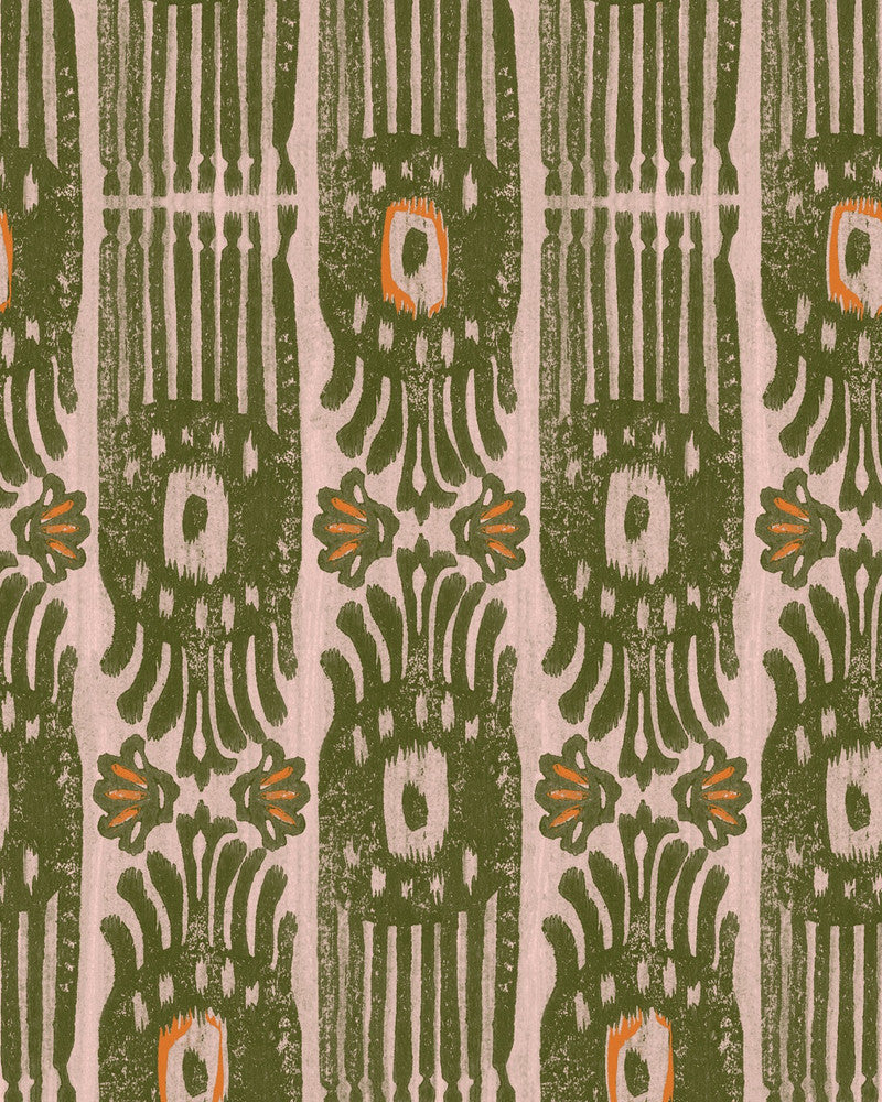 Mind The Gap Wallpaper IKAT Notting Hill Wallpaper (WP20818) | WP20818 | MINNIE KEMP X MINDTHEGAP | 1 roll x 20.47 x 354.33 in | 0.52m / 20.5in | 9m / 354in | 4.68mp | 70cm / 27.6in | Green, Orange | Non-woven | Paste the wall | 1-roll in a box | Fabric Carolina | https://www.fabriccarolina.com/