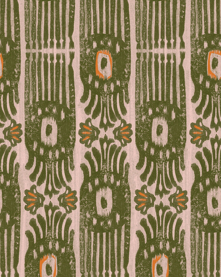 Mind The Gap Wallpaper IKAT Notting Hill Wallpaper (WP20818) | WP20818 | MINNIE KEMP X MINDTHEGAP | 1 roll x 20.47 x 354.33 in | 0.52m / 20.5in | 9m / 354in | 4.68mp | 70cm / 27.6in | Green, Orange | Non-woven | Paste the wall | 1-roll in a box | Fabric Carolina | https://www.fabriccarolina.com/