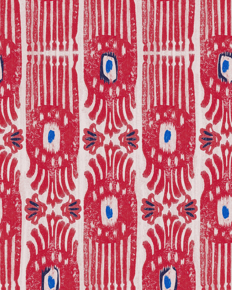 Mind The Gap Wallpaper IKAT Raspberry Ripple Wallpaper (WP20819) | WP20819 | MINNIE KEMP X MINDTHEGAP | 1 roll x 20.47 x 354.33 in | 0.52m / 20.5in | 9m / 354in | 4.68mp | 70cm / 27.6in | Blue, Pink, Taupe | Non-woven | Paste the wall | 1-roll in a box | Fabric Carolina | https://www.fabriccarolina.com/