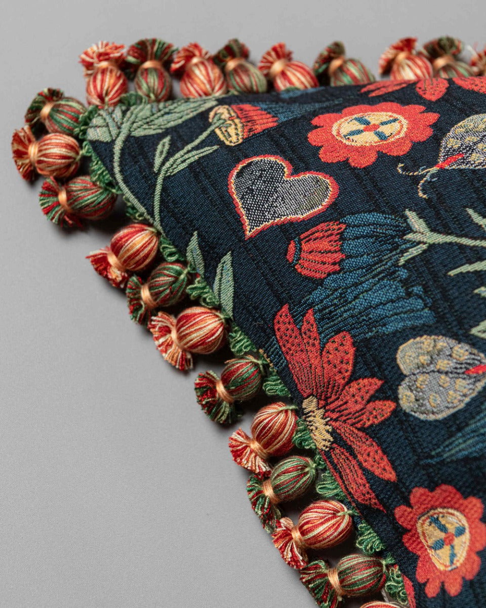 INFLORESCENCE cushion (LC40291) by Mind The Gap | LC40291 | TRANSYLVANIAN RHAPSODY | 50 x 50 cm / 20 x 20 in | Taupe, Blue, Red | Fringes all around | Duck feather | 74% Cotton, 10% Acrylic, Other Fibers | Fabric Carolina | https://www.fabriccarolina.com/