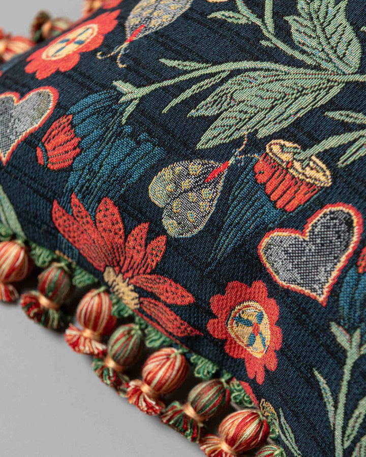 INFLORESCENCE cushion (LC40291) by Mind The Gap | LC40291 | TRANSYLVANIAN RHAPSODY | 50 x 50 cm / 20 x 20 in | Taupe, Blue, Red | Fringes all around | Duck feather | 74% Cotton, 10% Acrylic, Other Fibers | Fabric Carolina | https://www.fabriccarolina.com/