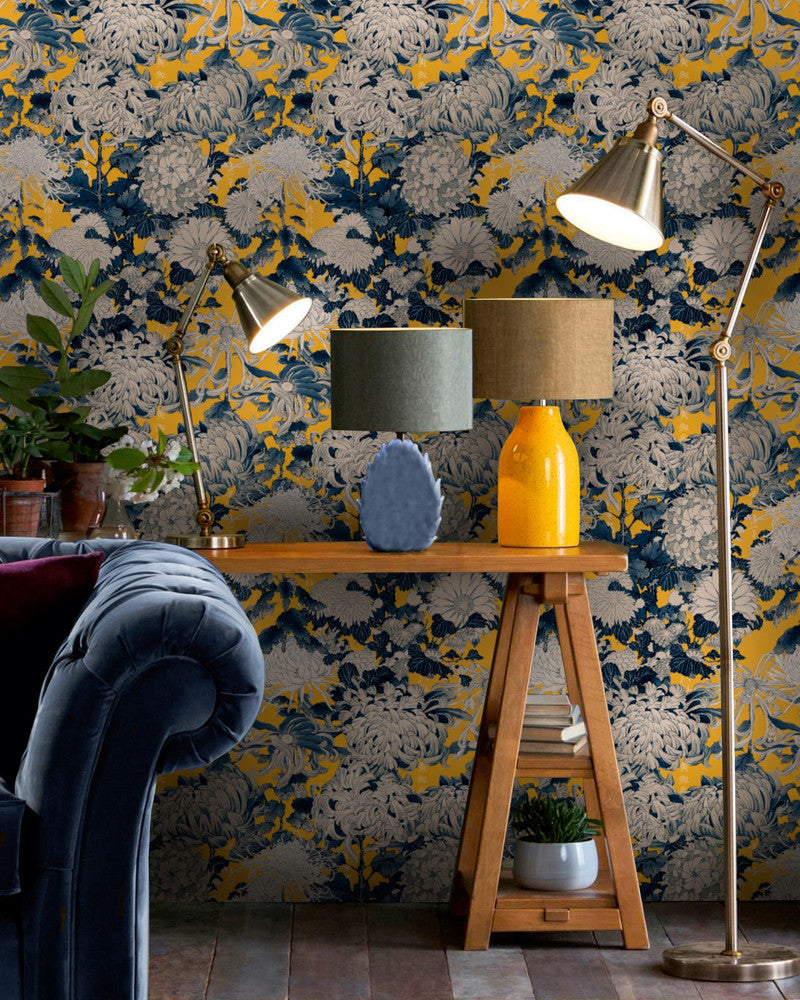 Chrysanthemums Yellow Wallpaper by Mind the Gap Designer Wallpaper THE WALLPAPER COLLECTABLES Textured Matte Made in Europe Paste the wall 3 rolls x 20.5 x 3.25 yards - Swanky Fabrics -