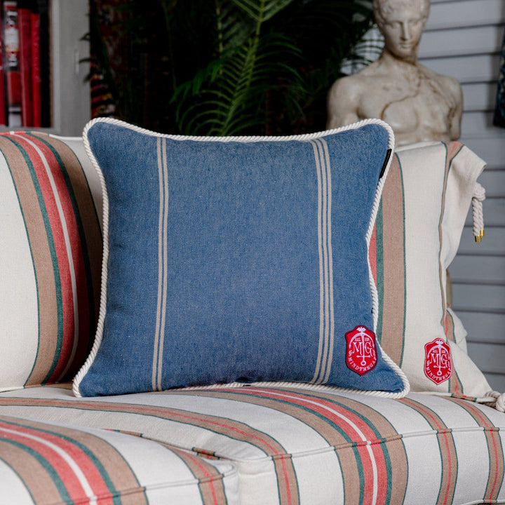Katalin Stripe Cushion by Mind the Gap Designer Pillow SUNDANCE VILLA 100% Linen Made in Romania Off-white rope border 20 x 20 in - Swanky Fabrics -