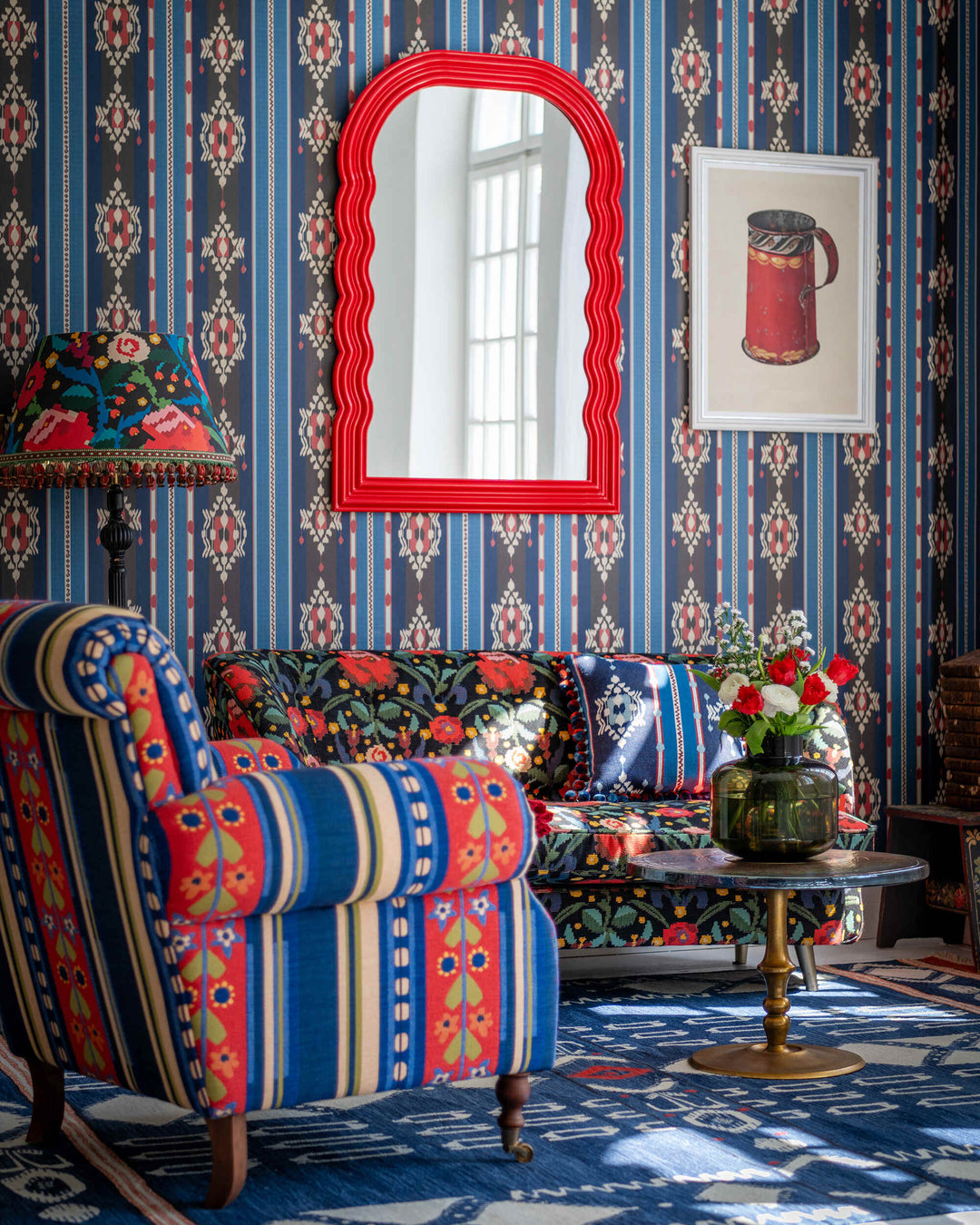 KING'S IKAT Wallpaper (WP20905) by Mind The Gap | WP20905 | TRANSYLVANIAN RHAPSODY | 1 roll x 52 x 900 cm / 20.47 x 354.33 in | 0.52m / 20.5in | 9m / 354in | 4.68sqm / 50sq ft | 50cm / 19.6in | Blue, Red, Brown | Non-woven Textured | Paste the wall | 1 roll in a box | Fabric Carolina | https://www.fabriccarolina.com/