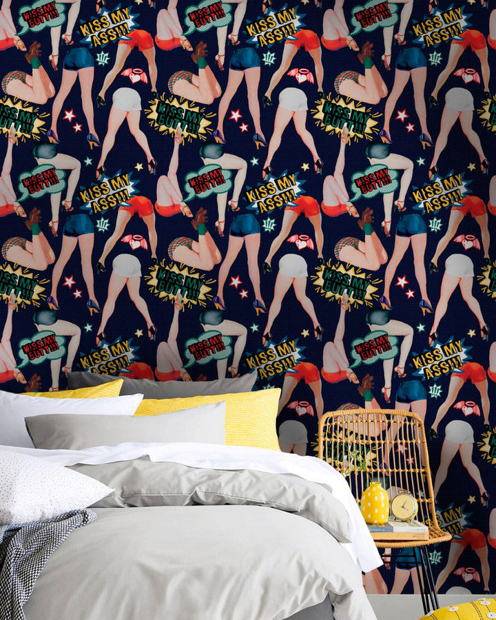 Kiss My Ass Indigo Wallpaper by Mind the Gap Designer Wallpaper THE WALLPAPER COLLECTABLES Satin Matte Made in Europe Paste the wall 3 rolls x 20.5 x 3.25 yards - Swanky Fabrics -
