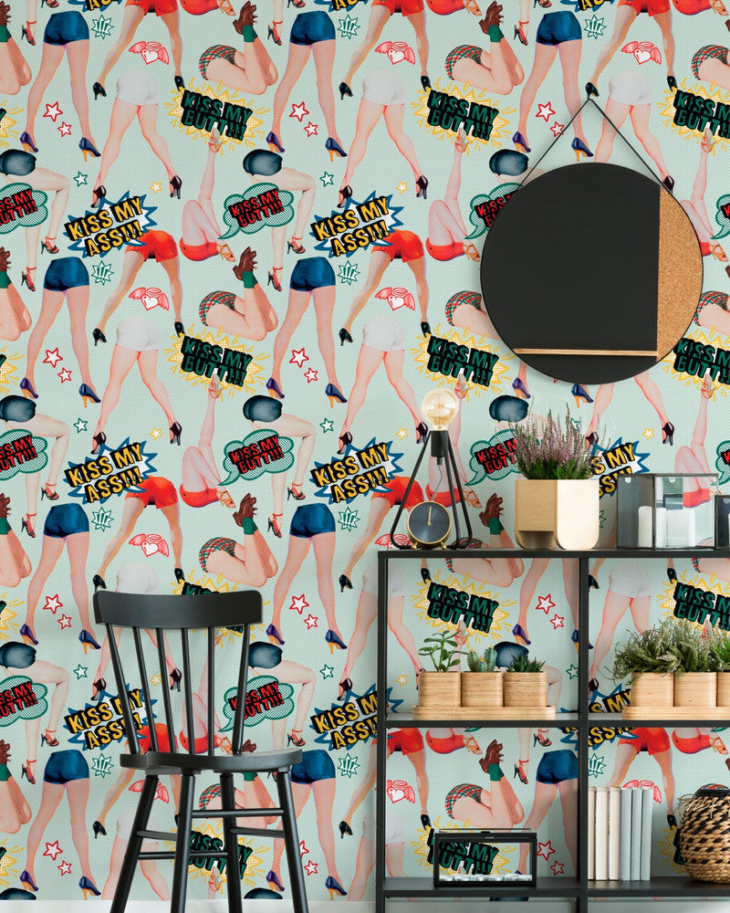 Kiss My Ass Wallpaper by Mind the Gap Designer Wallpaper THE WALLPAPER COLLECTABLES Satin Matte Made in Europe Paste the wall 3 rolls x 20.5 x 3.25 yards - Swanky Fabrics -