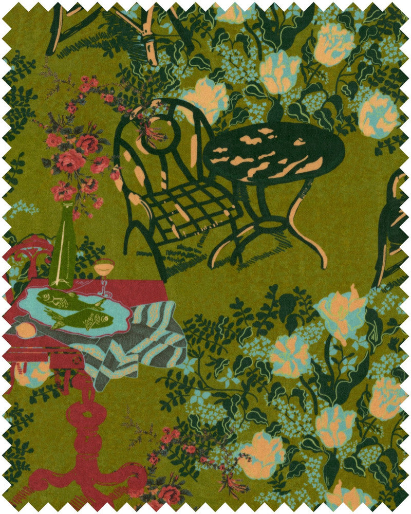 Mind The Gap Fabric LA BRASSERIA Fern Velvet (FB00117) | FB00117 | LA DOLCE VITA | Blue, Green, Ivory, Ochre, Red | Fabric Carolina | https://www.fabriccarolina.com/
