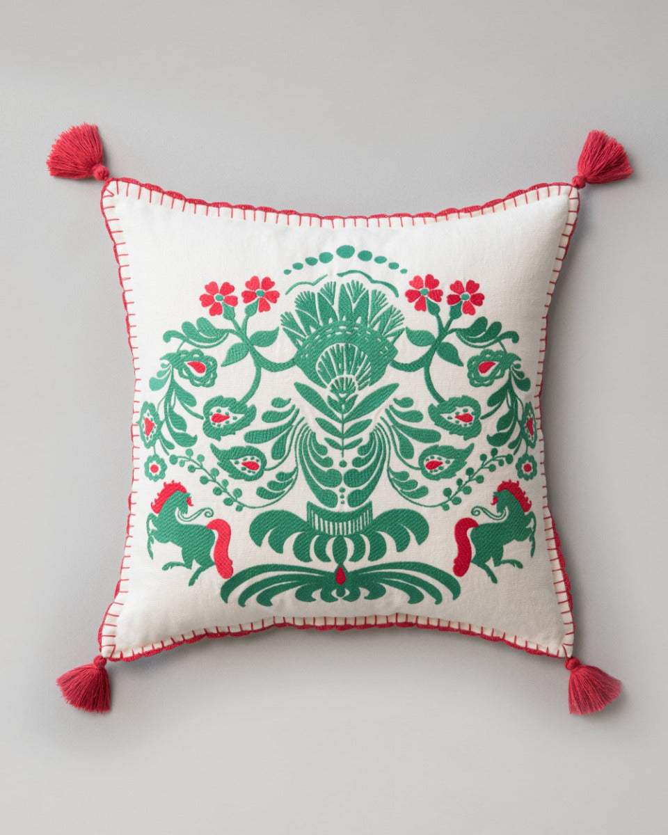 Horse Parade linen embroidered pillow by Mind the Gap (LC40081), front