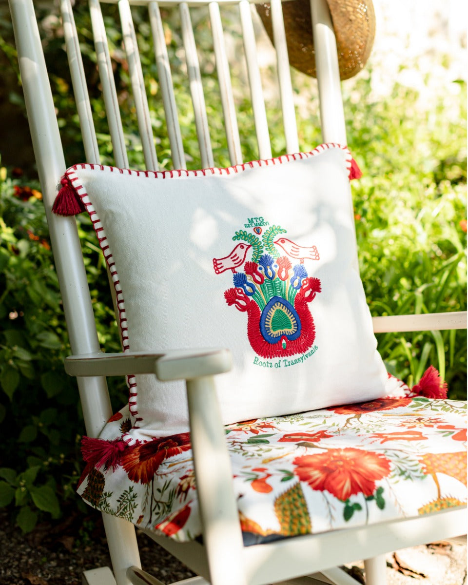 Roots of Transylvania linen embroidered pillow by Mind the Gap (LC40082), room setting