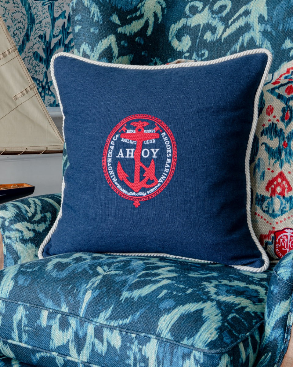 AHOY! Linen Embroidered Cushion (LC40103) by Mind The Gap | LC40103 | SUNDANCE VILLA | 50 x 50 cm | White, Red, Indigo blue | Off-white rope border | Duck feather | 100% Linen | Fabric Carolina | https://www.fabriccarolina.com/