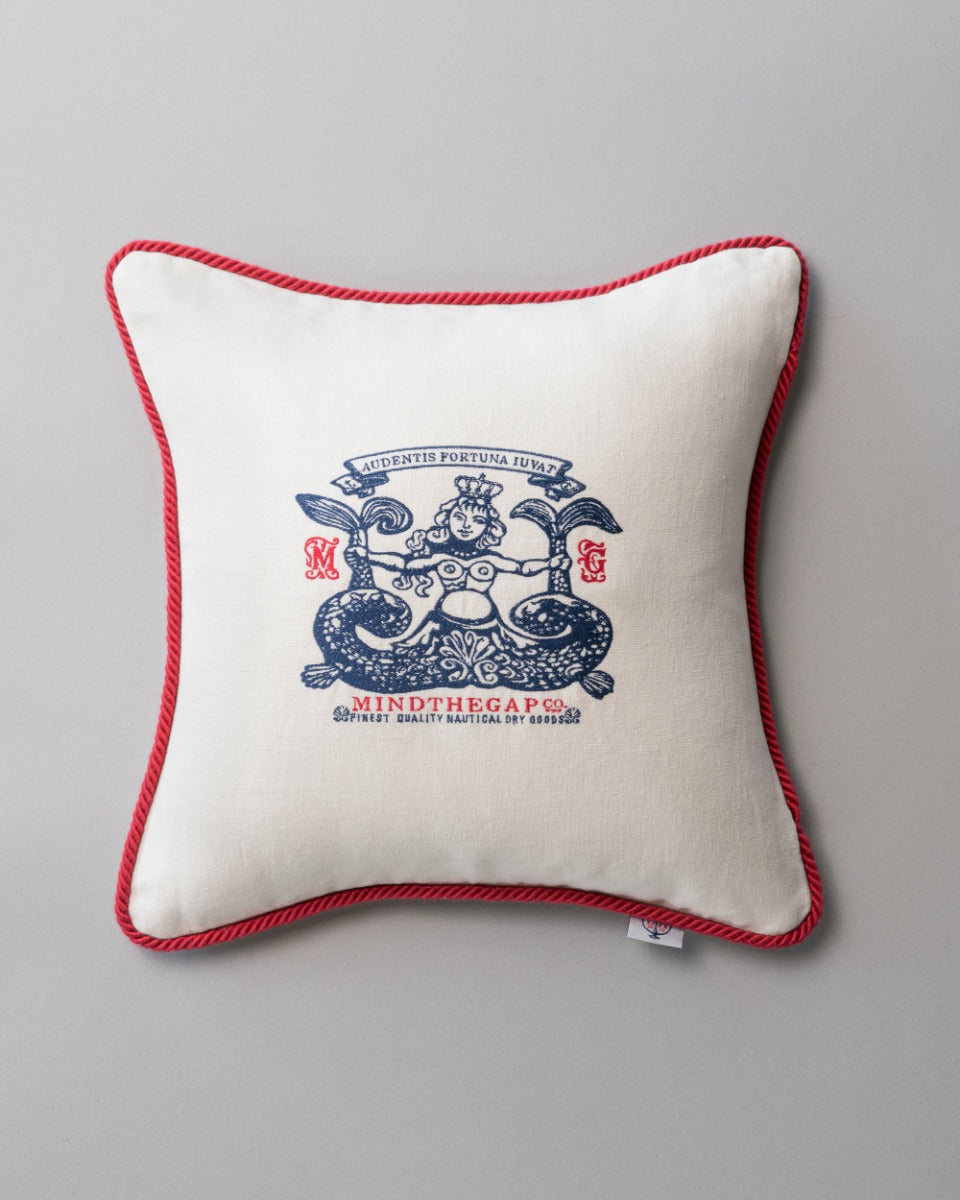 SIREN Linen Embroidered Cushion (LC40104) by Mind The Gap | LC40104 | SUNDANCE VILLA | 50 x 50 cm | Blue, White, Red | Red rope border | Duck feather | 100% Linen | Fabric Carolina | https://www.fabriccarolina.com/