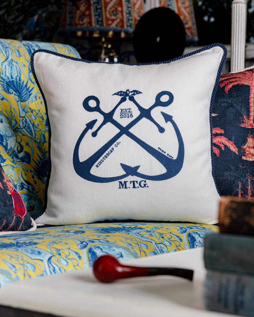 VINTAGE ANCHORS Linen Embroidered Cushion (LC40106) by Mind The Gap | LC40106 | SUNDANCE VILLA | 50 x 50 cm | Blue, White | Indigo blue rope border | Duck feather | 100% Linen | Fabric Carolina | https://www.fabriccarolina.com/