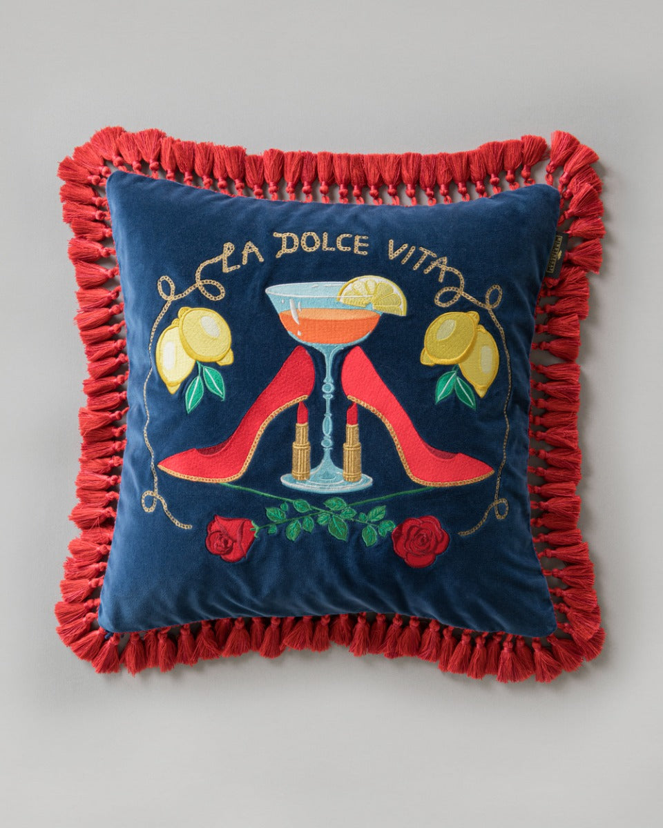 La Dolce Vita embroidered velvet pillow by Mind the Gap (LC40211), front