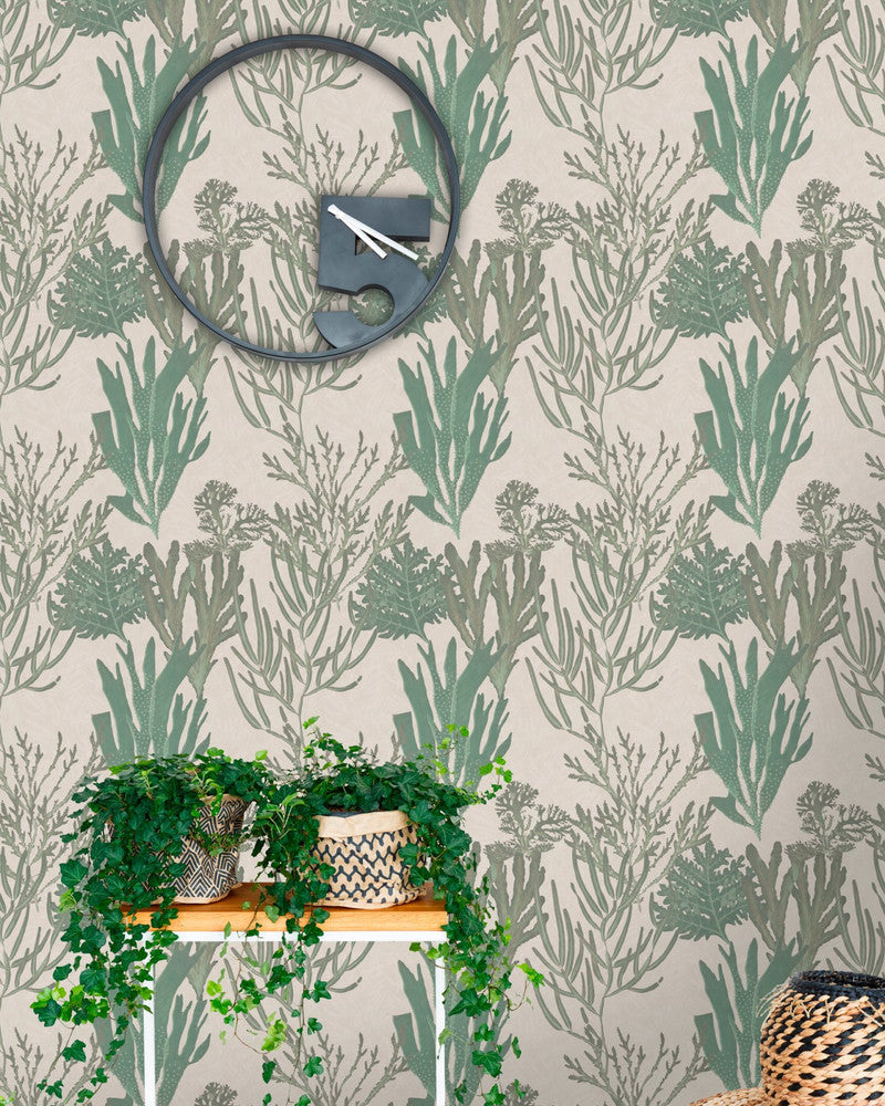 Mind The Gap Wallpaper LIGHT CORALS Wallpaper (WP20300) | WP20300 | THE WALLPAPER COLLECTABLES | 3 rolls x 20.5 x 118.1 in | 0.52m / 20.5in | 3m / 118in | 4.65mp | 52cm / 20.5in | Green, Taupe | Textured Matte | Paste the wall | 3-rolls in a box | Fabric Carolina | https://www.fabriccarolina.com/