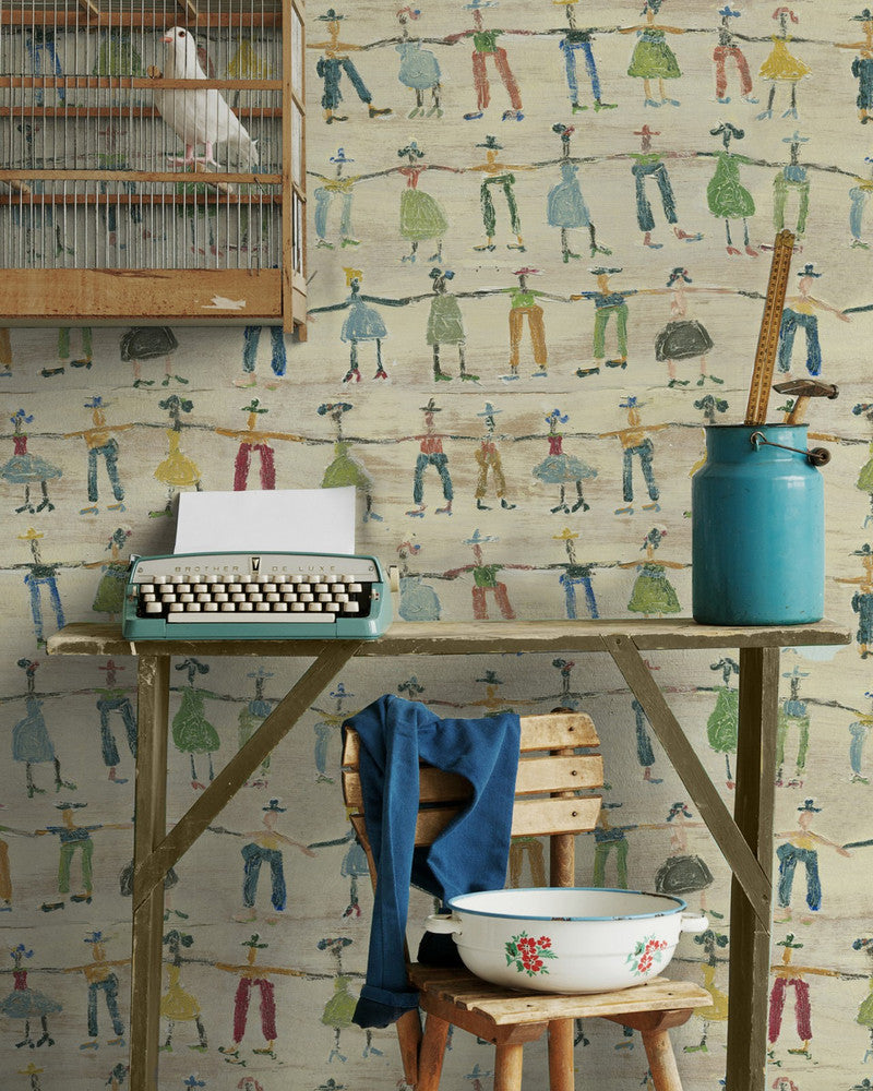 Mind The Gap Wallpaper LITTLE PEOPLE (WP20273) | WP20273 | THE SUGARBOO COLLECTION | 3 rolls x 20.5 x 118.1 in | 0.52m / 20.5in | 3m / 118in | 4.65mp | 52cm / 20.5in | Blue, Green, Red, Taupe | Non-woven | 3-rolls in a box | Fabric Carolina | https://www.fabriccarolina.com/