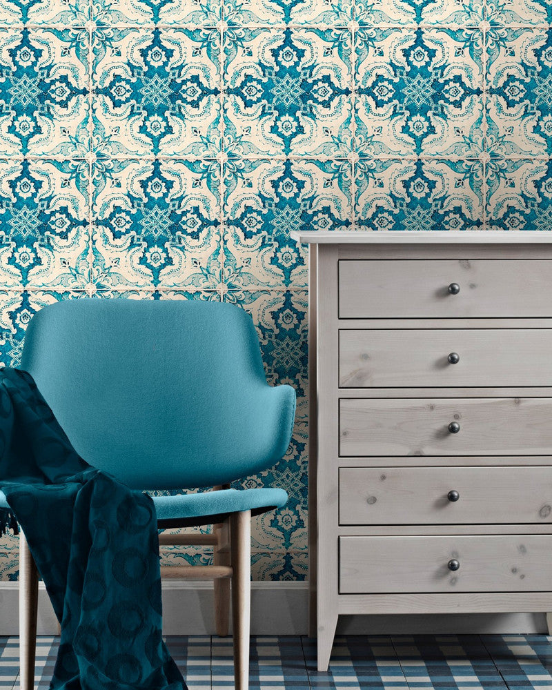 Mind The Gap Wallpaper LONGWY (WP20180) | WP20180 | PREMIUM DESIGNER WALLPAPER COLLECTION | 3 rolls x 20.5 x 118.1 in | 0.52m / 20.5in | 3m / 118in | 4.65mp | 52cm / 20.5in | Blue, Cream, Turquoise | Non-woven | Paste the wall | 3-rolls in a box | Fabric Carolina | https://www.fabriccarolina.com/