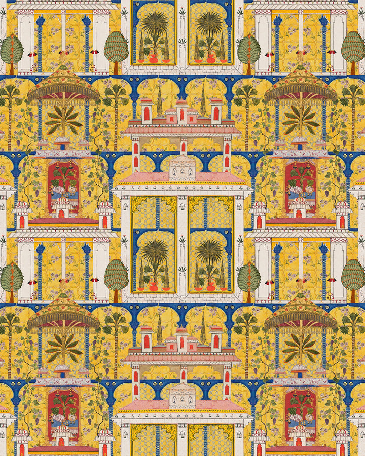 MAJORELLE GARDEN Wallpaper (WP20749) by Mind The Gap | WP20749 | TALES OF MAGHREB | 3 rolls x 52x300 cm / 20.5x118.1 in | 0.52m / 20.5in | 3m / 118in | 4.68sqm / 50sq ft | 150cm / 59in | Blue, Green, Yellow, Pink, Orange, Red, Ivory | Non-woven Textured | Paste the wall | 3-rolls in a box | Fabric Carolina | https://www.fabriccarolina.com/