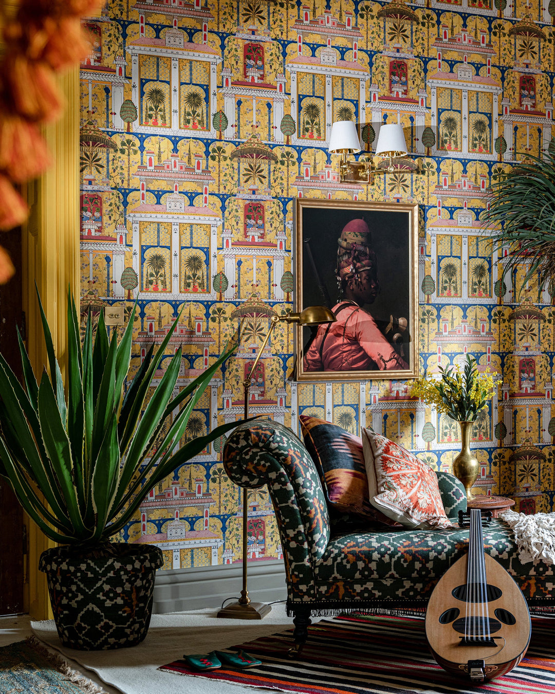 MAJORELLE GARDEN Wallpaper (WP20749) by Mind The Gap | WP20749 | TALES OF MAGHREB | 3 rolls x 52x300 cm / 20.5x118.1 in | 0.52m / 20.5in | 3m / 118in | 4.68sqm / 50sq ft | 150cm / 59in | Blue, Green, Yellow, Pink, Orange, Red, Ivory | Non-woven Textured | Paste the wall | 3-rolls in a box | Fabric Carolina | https://www.fabriccarolina.com/