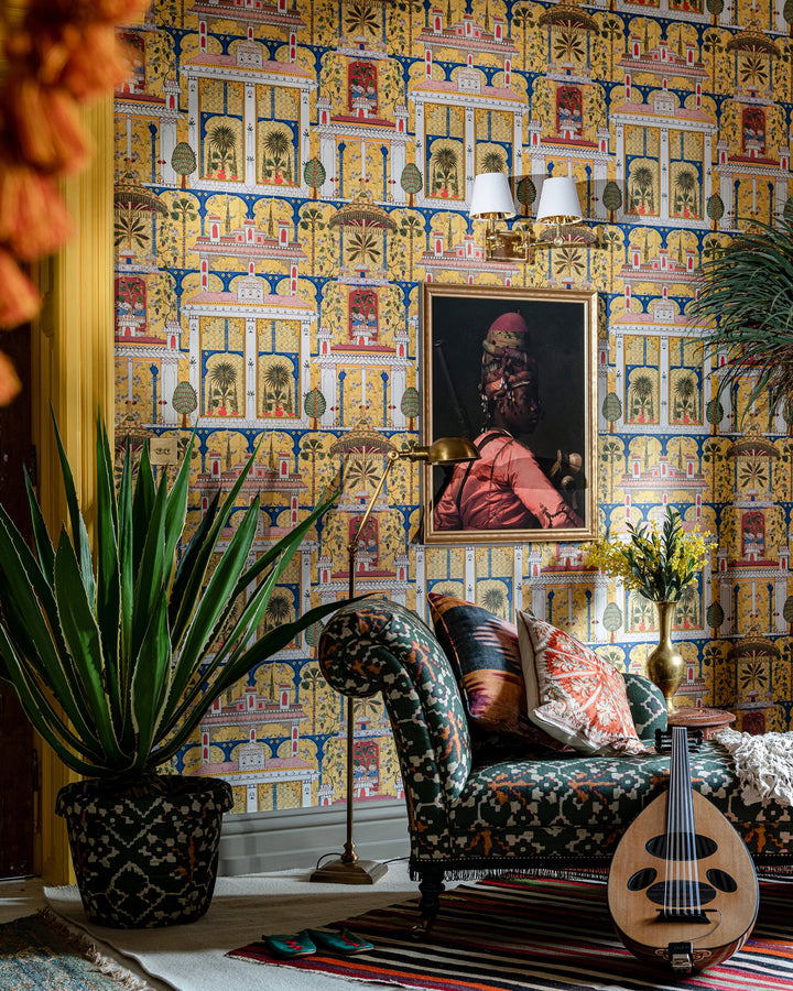 MAJORELLE GARDEN Wallpaper (WP20749) by Mind The Gap | WP20749 | TALES OF MAGHREB | 3 rolls x 52x300 cm / 20.5x118.1 in | 0.52m / 20.5in | 3m / 118in | 4.68sqm / 50sq ft | 150cm / 59in | Blue, Green, Yellow, Pink, Orange, Red, Ivory | Non-woven Textured | Paste the wall | 3-rolls in a box | Fabric Carolina | https://www.fabriccarolina.com/