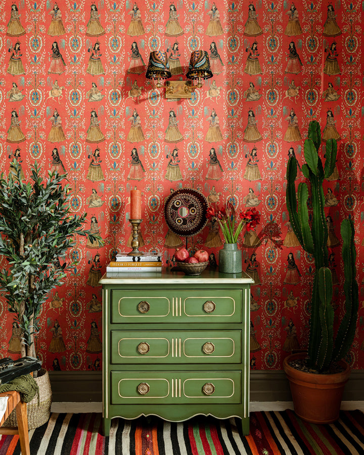 MAGHREBIAN FOLKTALE Rose Wallpaper (WP20746) by Mind The Gap | WP20746 | TALES OF MAGHREB | 1 roll x 52x900 cm / 20.47x354.33in | 0.52m / 20.5in | 9m / 354in | 4.68sqm / 50sq ft | 70cm / 27.5in | Blue, Ochre, Tangerine Red | Non-woven Textured | Paste the wall | 1-roll in a box | Fabric Carolina | https://www.fabriccarolina.com/