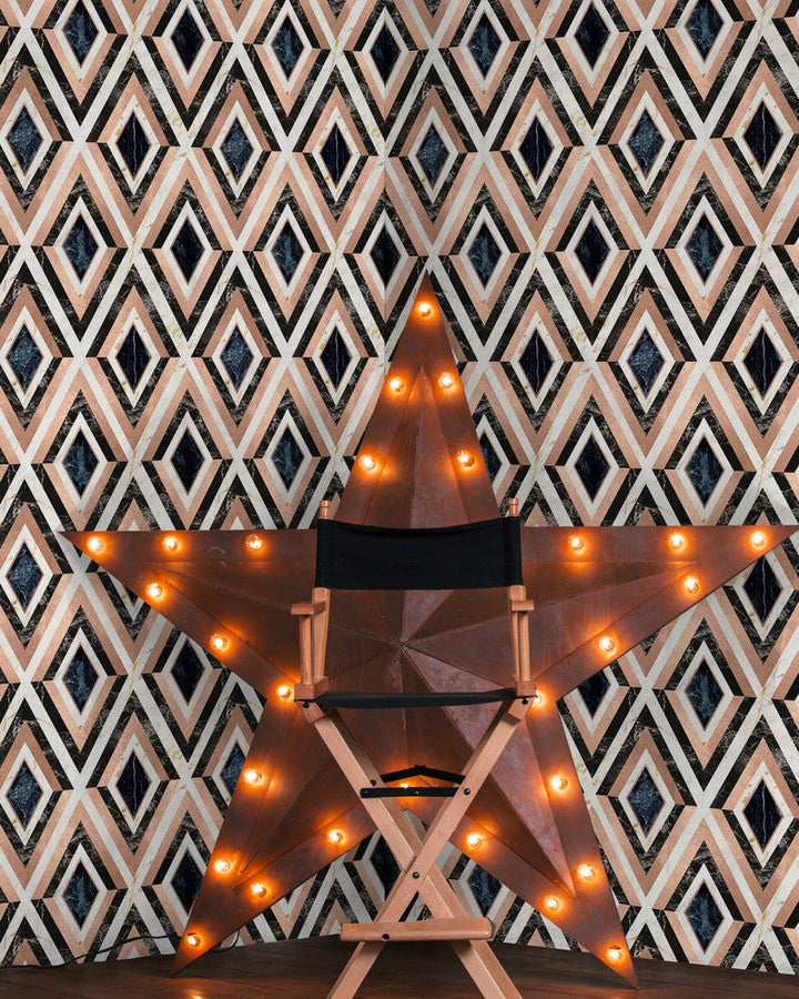 Mind The Gap Wallpaper DIAMONDS in Copper Metallic edition Wallpaper (WP20291) | WP20291 | THE WALLPAPER COLLECTABLES | 1 roll x 20.5x393.7 in | 0.52m / 20.5in | 10m / 393.7in | 5.20mp | 52cm / 20.5in | Black, Blue, Copper, Ivory | Metallic Foil | Paste the wall | 1-roll in a box | Fabric Carolina | https://www.fabriccarolina.com/