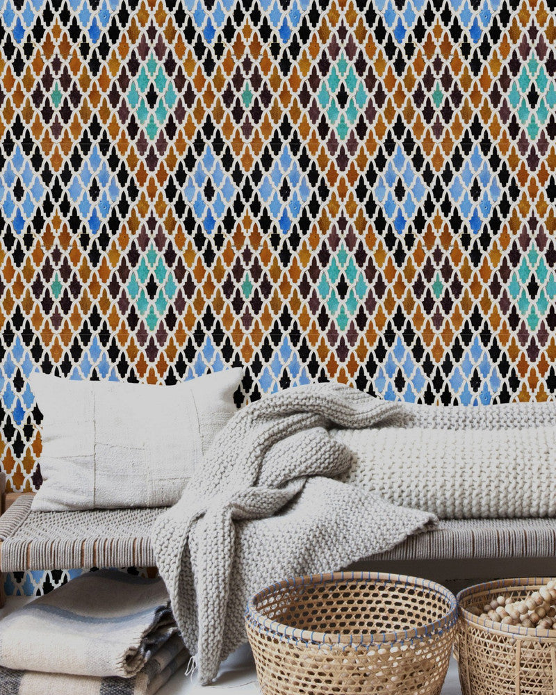 Mind The Gap Wallpaper MEDERSA EL-ATTARINE (WP20261) | WP20261 | PREMIUM DESIGNER WALLPAPER COLLECTION | 3 rolls x 20.5 x 118.1 in | 0.52m / 20.5in | 3m / 118in | 4.65mp | 52cm / 20.5in | Black, Blue, Brown | Non-woven | Paste the wall | 3-rolls in a box | Fabric Carolina | https://www.fabriccarolina.com/