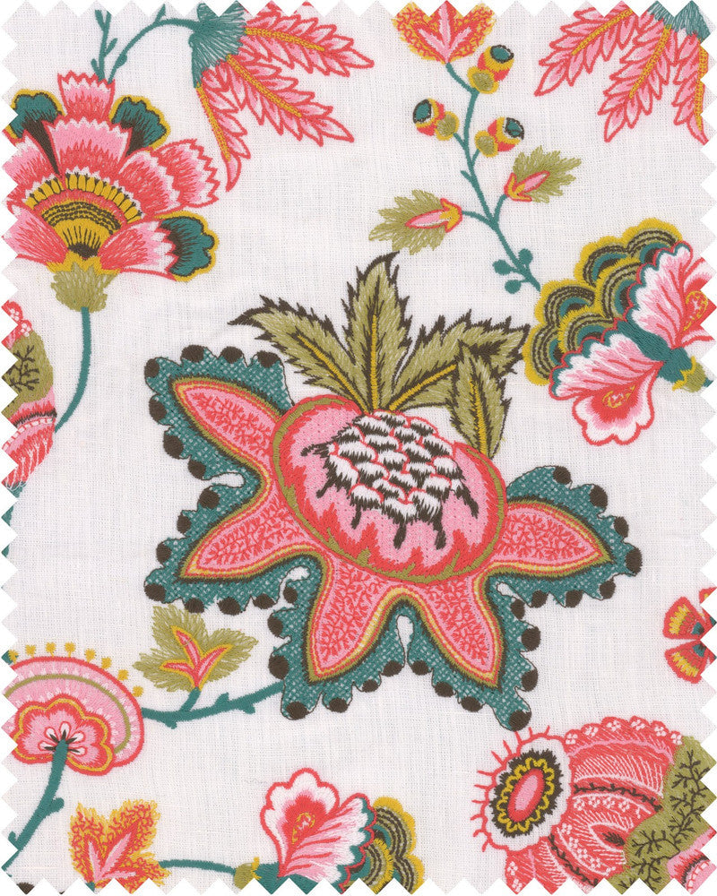 Mind The Gap Fabric MIDSUMMER FLORAL Embroidered Fabric (FB00081) | FB00081 | WOODSTOCK '69 LIFESTYLE COLLECTION | Pink, Taupe, Turquoise | Fabric Carolina | https://www.fabriccarolina.com/