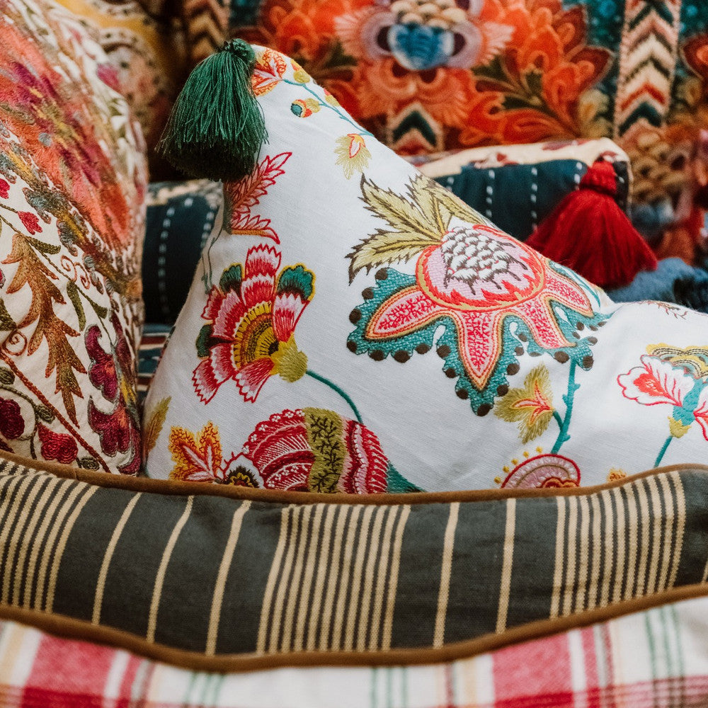 Midsummer Floral Embroidered Cushion by Mind the Gap Designer Pillow WOODSTOCK '69 LIFESTYLE COLLECTION 100% Linen, printed and stonewashed Made in Romania Green tassels 20 x 20 in - Swanky Fabrics -
