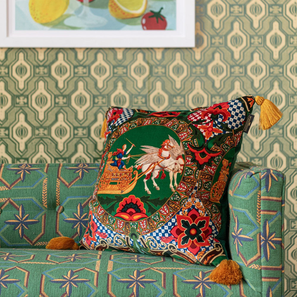 Mind The Gap Pillows MYTHOLOGY Velvet Cushion (LC40220) | LC40220 | LA DOLCE VITA | 20 x 20 in | Blue, Green, Orange, Red, White, Yellow, Gold | Fabric Carolina | https://www.fabriccarolina.com/